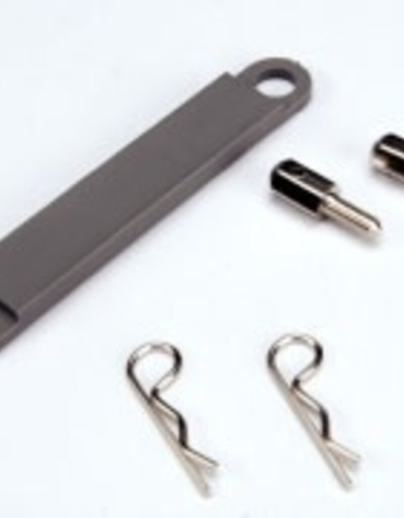 Traxxas 3727a Battery hold-down plate (grey) / metal posts (2) / body clips (2)