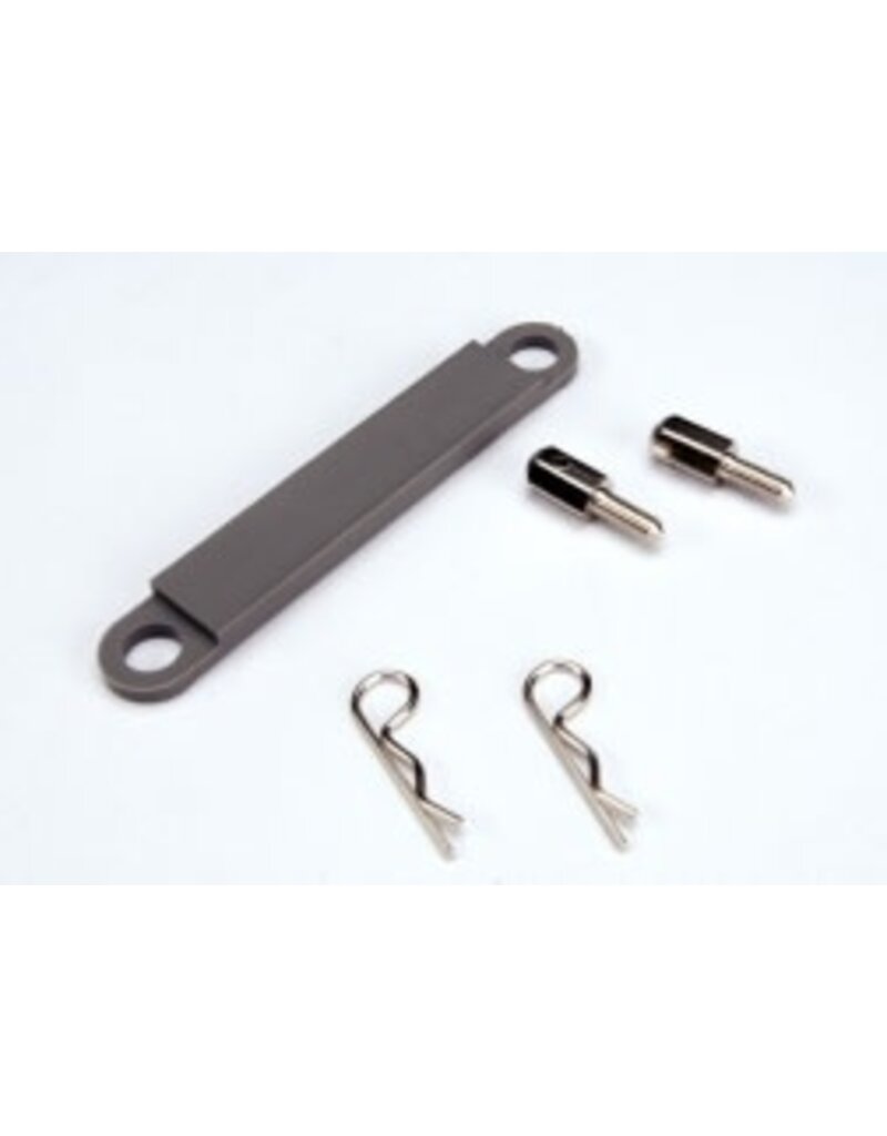 Traxxas 3727a Battery hold-down plate (grey) / metal posts (2) / body clips (2)