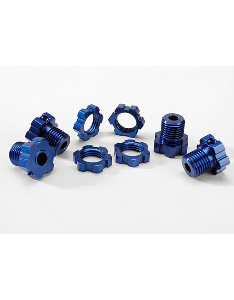 Traxxas 5353x Wheel hubs, splined, 17mm (blue-anodized) (4)/ wheel nuts, splined, 17mm (blue-anodized) (4)/ screw pins, 4x13mm (with threadlock) (4)