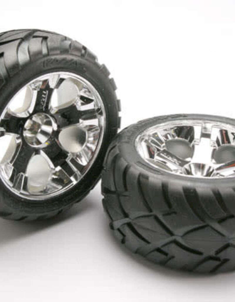 Traxxas 5576r Tires & wheels, assembled, glued (All-Star chrome wheels, Anaconda? tires, foam inserts) (nitro rear/ electric front) (1 left, 1 right)