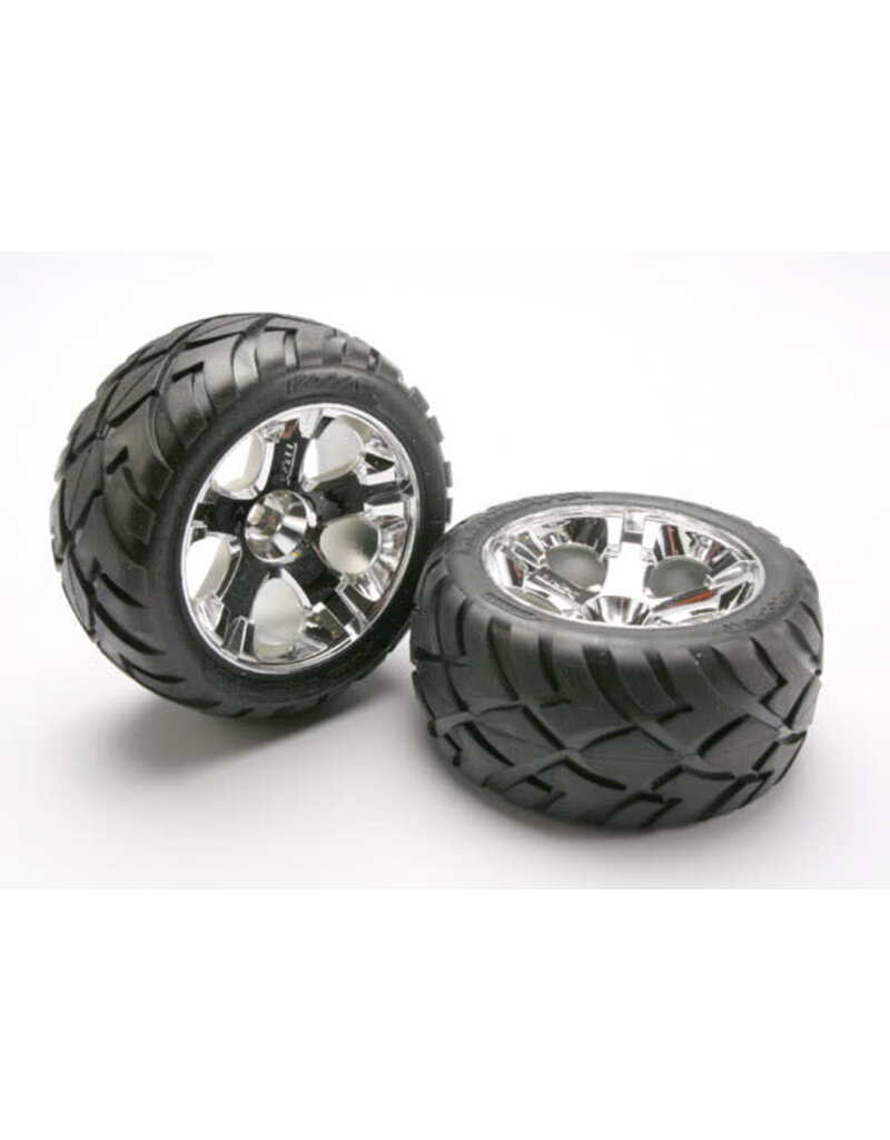 Traxxas 5576r Tires & wheels, assembled, glued (All-Star chrome wheels, Anaconda? tires, foam inserts) (nitro rear/ electric front) (1 left, 1 right)