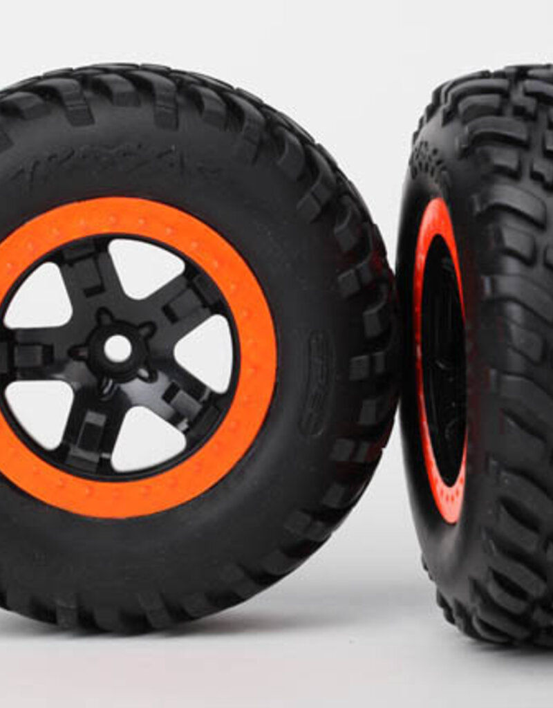 Traxxas 5864 Tire & wheel assy, glued (SCT black, orange beadlock wheels, SCT off-road racing tires, foam inserts) (2) (2WD front)