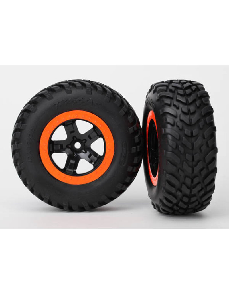 Traxxas 5864 Tire & wheel assy, glued (SCT black, orange beadlock wheels, SCT off-road racing tires, foam inserts) (2) (2WD front)
