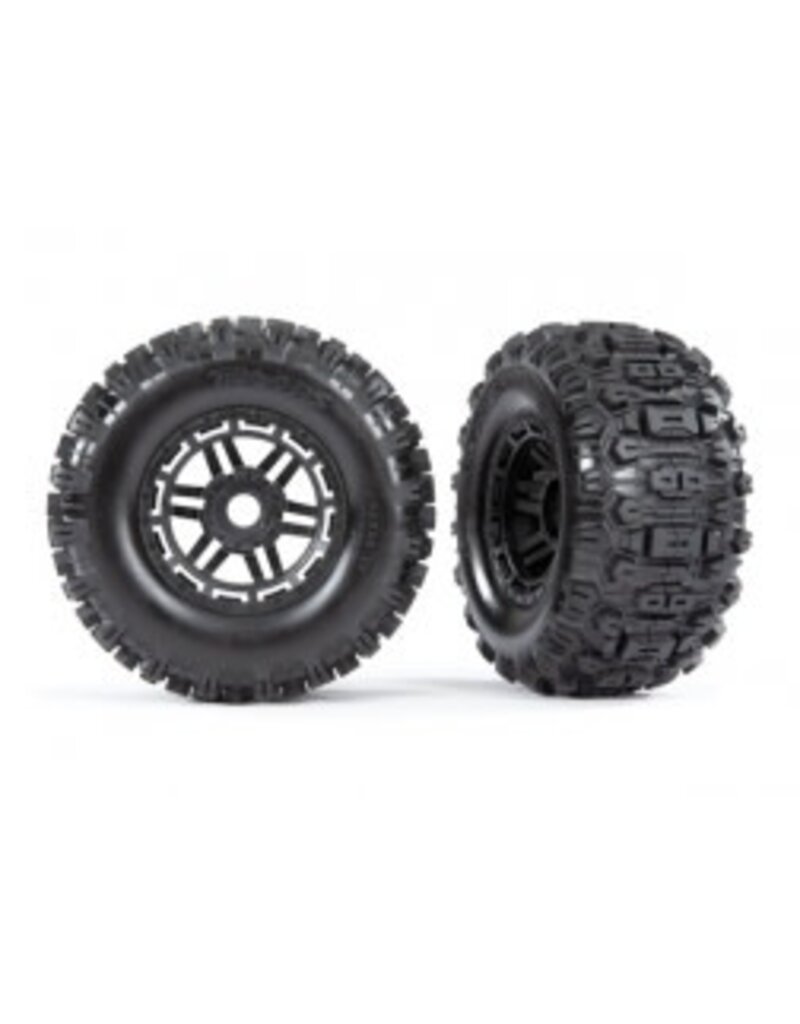 Traxxas 8973 Tires & wheels, assembled, glued (black wheels, dual profile (2.8' outer, 3.6' inner), Sledgehammer? tires, foam inserts) (2) (17mm splined) (TSM? rated)
