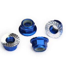 Traxxas 8447x Nuts, 5mm flanged nylon locking (aluminum, blue-anodized, serrated) (4)