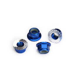 Traxxas 8447x Nuts, 5mm flanged nylon locking (aluminum, blue-anodized, serrated) (4)
