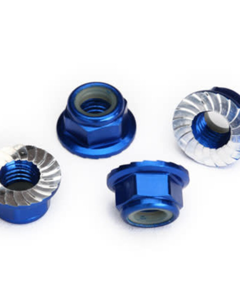 Traxxas 8447x Nuts, 5mm flanged nylon locking (aluminum, blue-anodized, serrated) (4)
