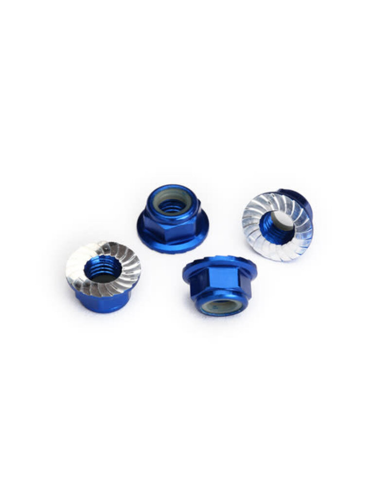 Traxxas 8447x Nuts, 5mm flanged nylon locking (aluminum, blue-anodized, serrated) (4)