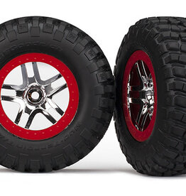 Traxxas 5877A Tires & wheels, assembled, glued (SCT Split-Spoke, chrome red beadlock style wheels, BFGoodrich? Mud-Terrain?  T/A? KM2 tires, foam inserts) (2) (2WD front)