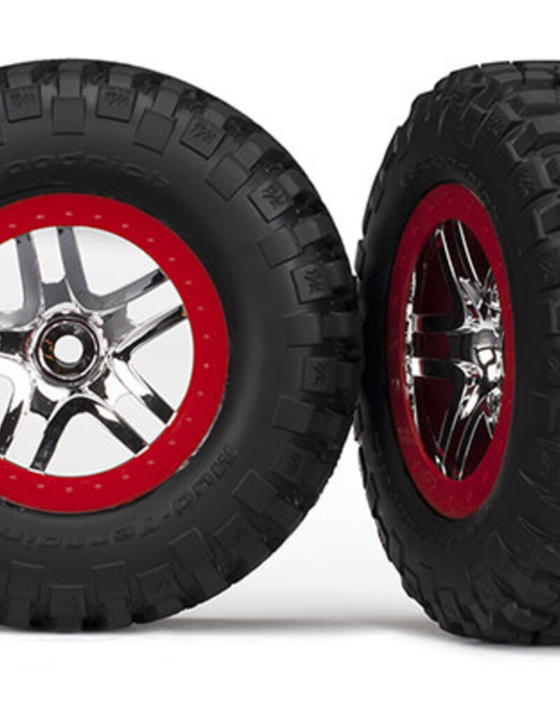 Traxxas 5877A Tires & wheels, assembled, glued (SCT Split-Spoke, chrome red beadlock style wheels, BFGoodrich? Mud-Terrain?  T/A? KM2 tires, foam inserts) (2) (2WD front)
