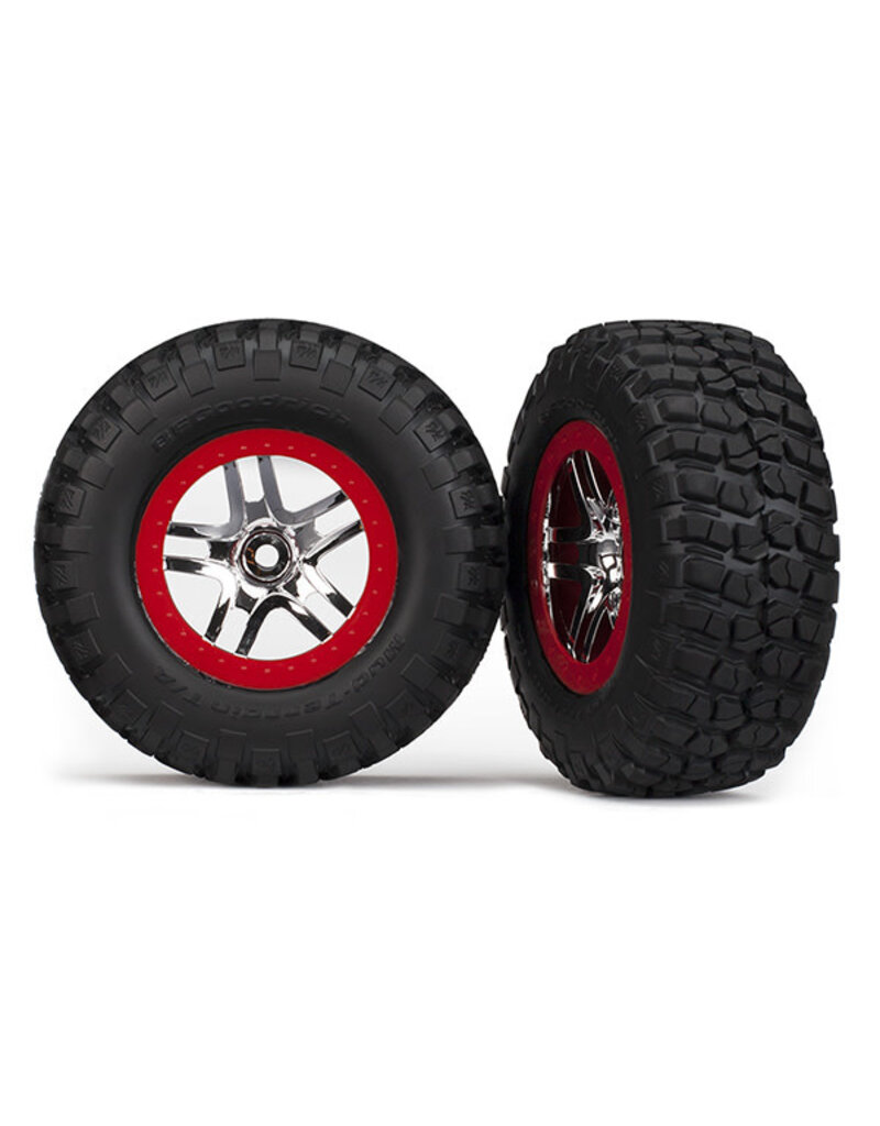 Traxxas 5877A Tires & wheels, assembled, glued (SCT Split-Spoke, chrome red beadlock style wheels, BFGoodrich? Mud-Terrain?  T/A? KM2 tires, foam inserts) (2) (2WD front)