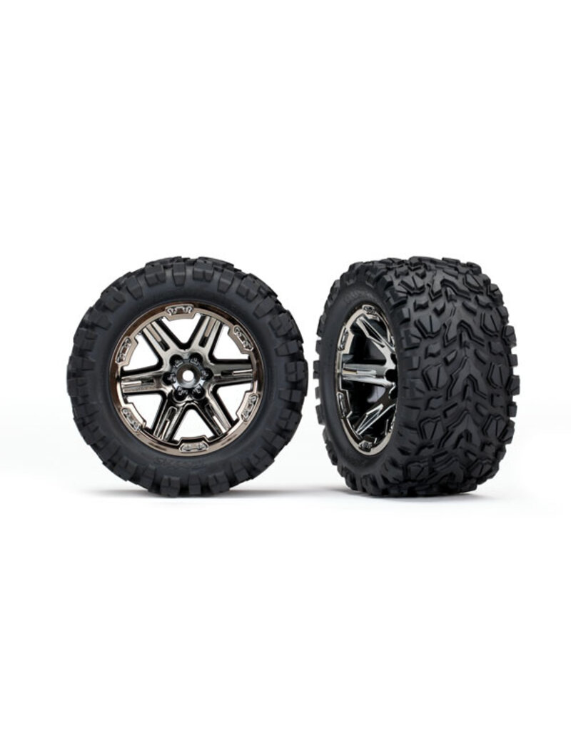 Traxxas 6773x Tires & wheels, assembled, glued (2.8') (RXT black chrome wheels, Talon Extreme tires, foam inserts) (4WD electric front/rear, 2WD electric front only) (2) (TSM rated)
