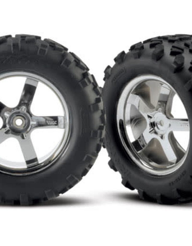 Traxxas 4973R - Tires & wheels, assembled, glued (Hurricane chrome wheels, Maxx® tires (6.3' outer diameter), foam inserts) (2) (fits Revo®/T-Maxx®/E-Maxx with 6mm axle and 14mm hex)