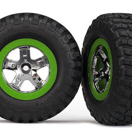 Traxxas 6876 - Tires & wheels, assembled, glued (SCT, chrome, green beadlock wheel, BFGoodrich® Mud-Terrain™ T/A® KM2 tire, foam inserts) (2) (4WD front/rear, 2WD rear only)