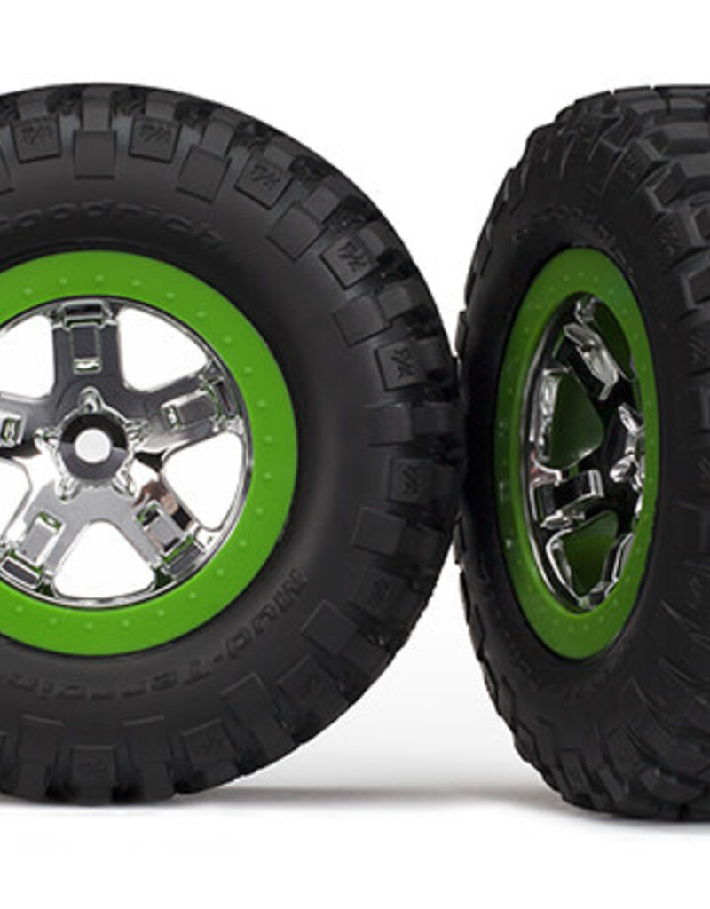 Traxxas 6876 - Tires & wheels, assembled, glued (SCT, chrome, green beadlock wheel, BFGoodrich® Mud-Terrain™ T/A® KM2 tire, foam inserts) (2) (4WD front/rear, 2WD rear only)