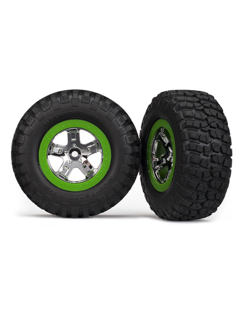 Traxxas 6876 - Tires & wheels, assembled, glued (SCT, chrome, green beadlock wheel, BFGoodrich® Mud-Terrain™ T/A® KM2 tire, foam inserts) (2) (4WD front/rear, 2WD rear only)