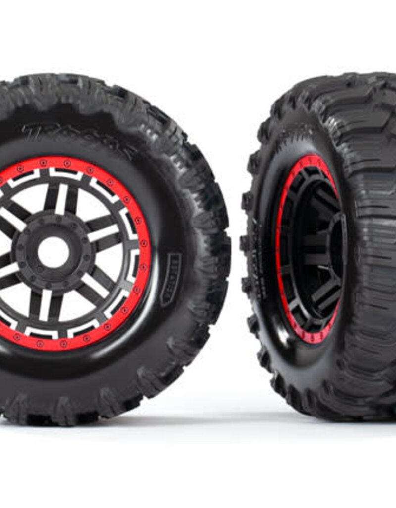 Traxxas 8972R - Tires & wheels, assembled, glued (black, red beadlock style wheels, Maxx® MT tires, foam inserts) (2) (17mm splined) (TSM® rated)