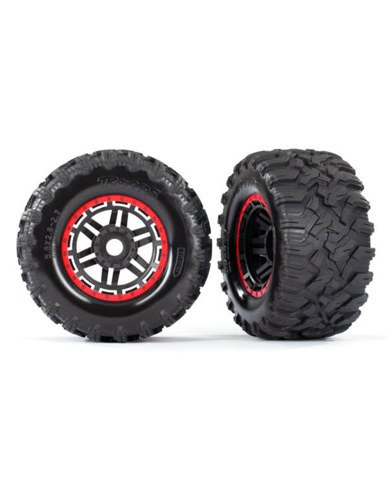 Traxxas 8972R - Tires & wheels, assembled, glued (black, red beadlock style wheels, Maxx® MT tires, foam inserts) (2) (17mm splined) (TSM® rated)