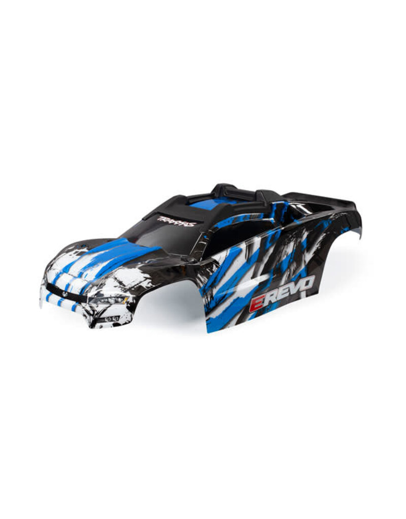 Traxxas 8611x - Body, E-Revo, blue / window, grille, lights decal sheet (assembled with front & rear body mounts and rear body support for clipless mounting)