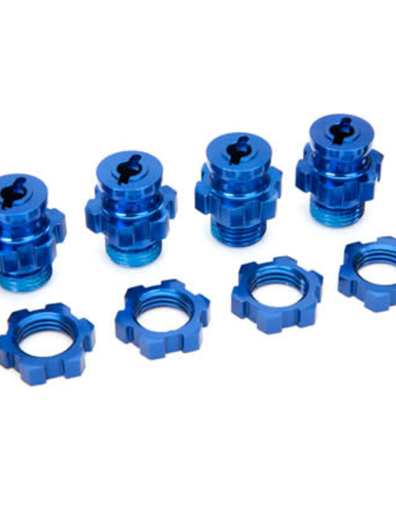 Traxxas 6856X - Wheel hubs, splined, 17mm, short (4)/ wheel nuts, splined, 17mm (4) (blue-anodized)/ hub retainer M4 X 0.7 (4)/ axle pin (4)/ wrench, 5mm