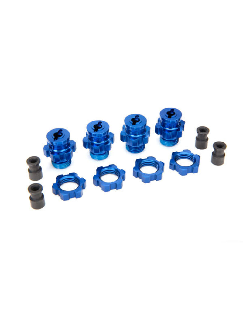 Traxxas 6856X - Wheel hubs, splined, 17mm, short (4)/ wheel nuts, splined, 17mm (4) (blue-anodized)/ hub retainer M4 X 0.7 (4)/ axle pin (4)/ wrench, 5mm