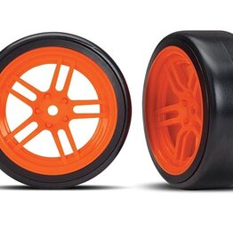 Traxxas 8376A - Tires and wheels, assembled, glued (split-spoke orange wheels, 1.9' Drift tires) (front)