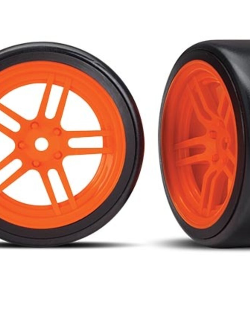 Traxxas 8376A - Tires and wheels, assembled, glued (split-spoke orange wheels, 1.9' Drift tires) (front)