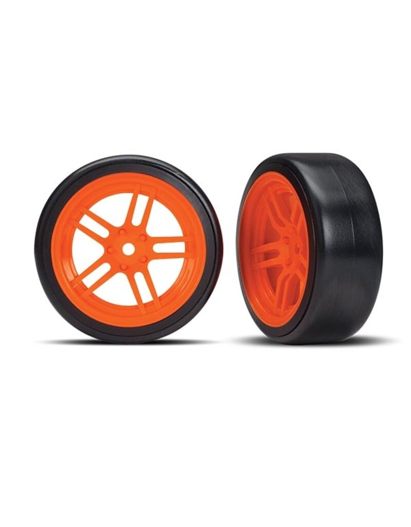 Traxxas 8376A - Tires and wheels, assembled, glued (split-spoke orange wheels, 1.9' Drift tires) (front)