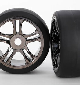 Traxxas 6479 - Tires & wheels, assembled, glued (split-spoke, black chrome wheels, slick tires (S1 compound), foam inserts) (front) (2)