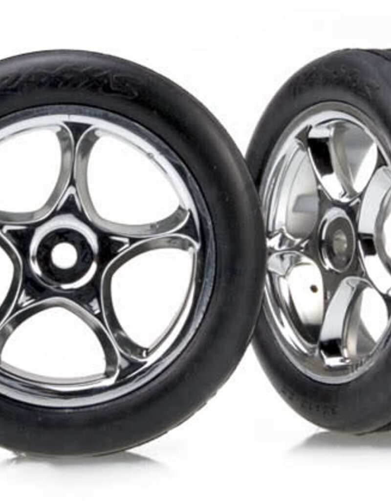 Traxxas 2471r Tires & wheels, assembled (Tracer 2.2' chrome wheels, Alias ribbed 2.2' tires) (2) (Bandit front, soft compound w/ foam inserts)