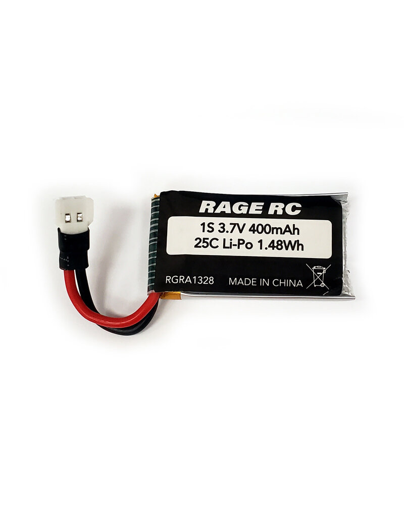 Rage R/C RGRA1328	3.7V 400mAh 25C LiPo Battery; Micro Warbirds, Tempest 600, Super Cub MX