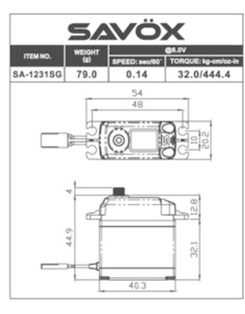 Savox SAVSA1231S Coreless Digital Servo 0.14/444.4 @6V