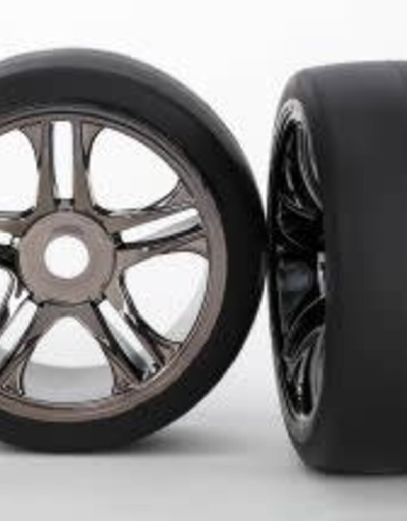 Traxxas 6477 Tires & wheels, assembled, glued (split-spoke, black chrome wheels, slick tires (S1 compound), foam inserts) (rear) (2)