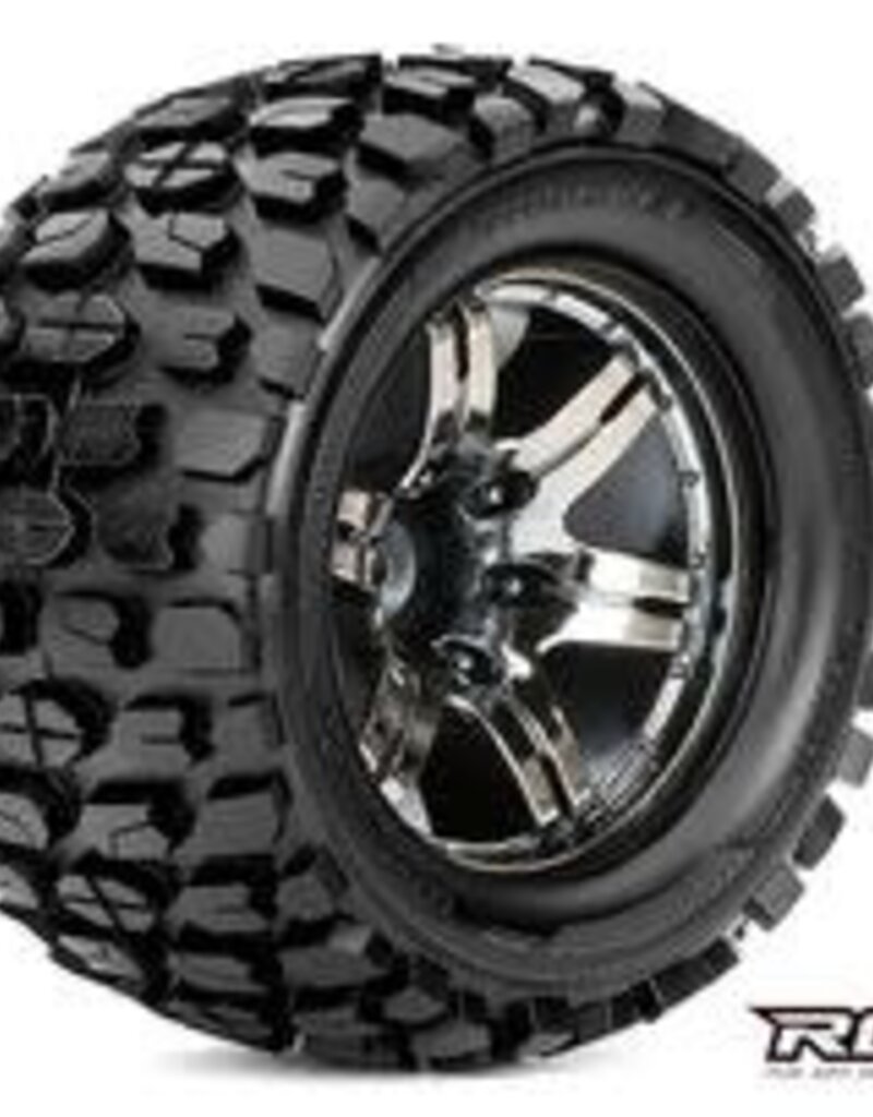 Roapex ROPR3002-CB0	Tracker 1/10 Monster Truck Tires, Mounted on Chrome Black Wheels, 0 offset, 12mm Hex (1 pair)