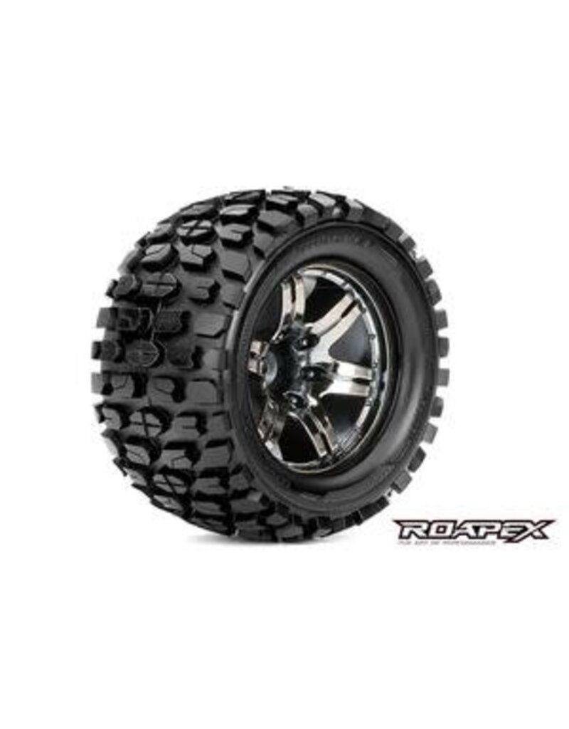 Roapex ROPR3002-CB0	Tracker 1/10 Monster Truck Tires, Mounted on Chrome Black Wheels, 0 offset, 12mm Hex (1 pair)