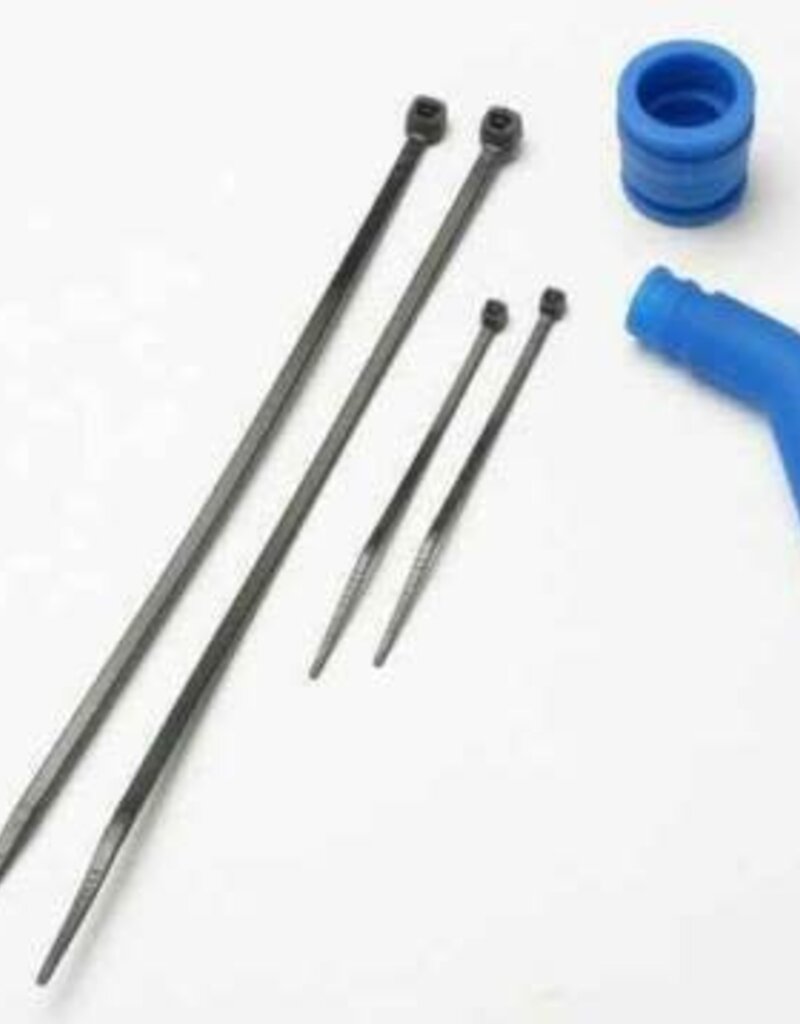 Traxxas 5245 Pipe coupler, molded (blue)/ exhaust deflecter (rubber, blue)/ cable ties, long (2)/ cable ties, short (2)