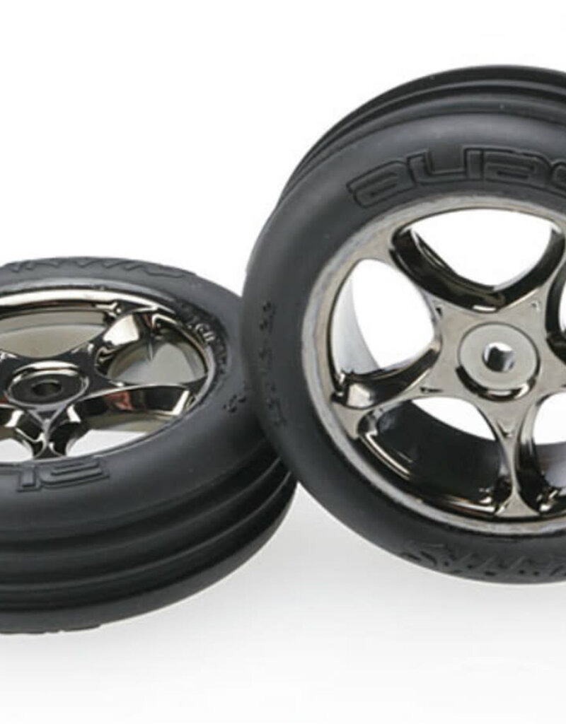 Traxxas 2471A Tires & wheels, assembled (Tracer 2.2' black chrome wheels, Alias ribbed 2.2' tires) (2) (Bandit front, medium compound w/ foam inserts)