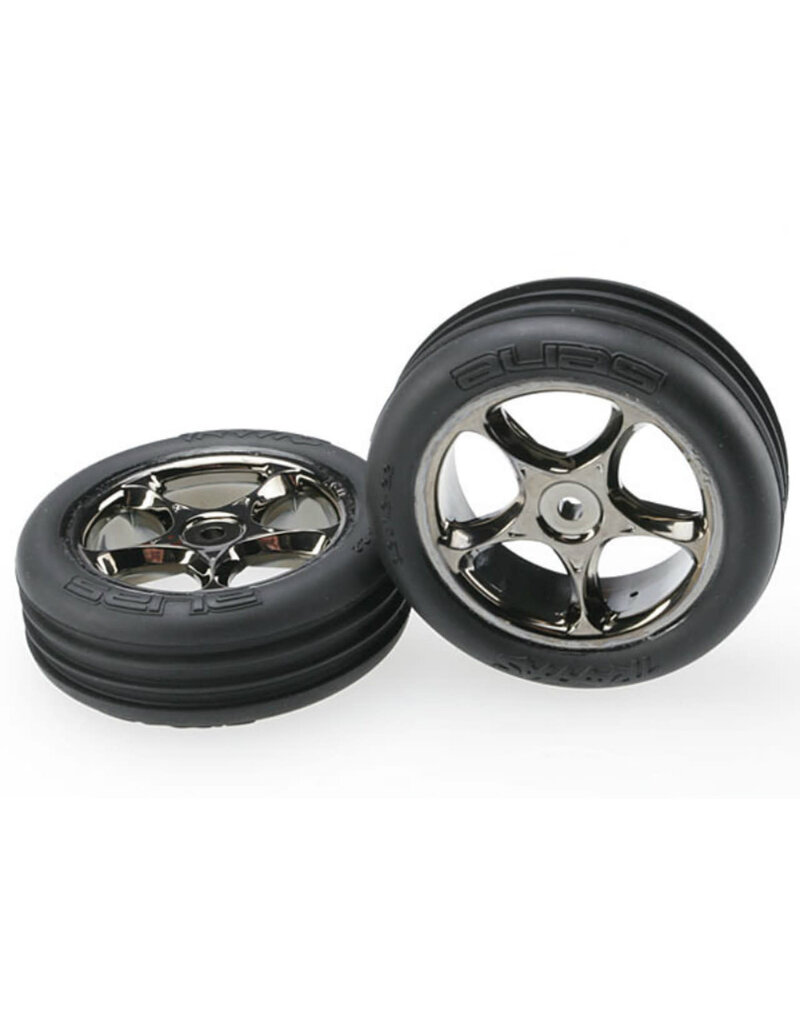 Traxxas 2471A Tires & wheels, assembled (Tracer 2.2' black chrome wheels, Alias ribbed 2.2' tires) (2) (Bandit front, medium compound w/ foam inserts)