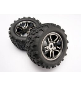 Traxxas 4983A Tires & wheels, assembled, glued (SS (Split Spoke) black chrome wheels, Maxx? tires (6.3' outer diameter), foam inserts) (2) (use with 17mm splined wheel hubs & nuts, part #5353X) (fits Revo?/T-Maxx?/E-Maxx) (TSM rated)