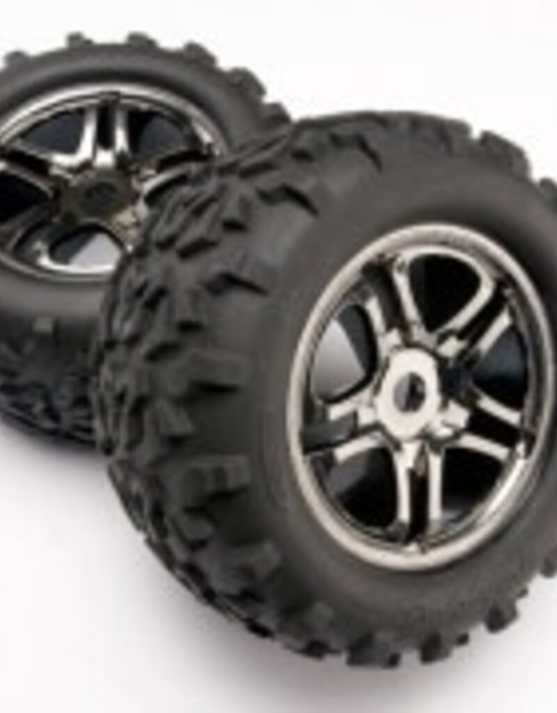 Traxxas 4983A Tires & wheels, assembled, glued (SS (Split Spoke) black chrome wheels, Maxx? tires (6.3' outer diameter), foam inserts) (2) (use with 17mm splined wheel hubs & nuts, part #5353X) (fits Revo?/T-Maxx?/E-Maxx) (TSM rated)
