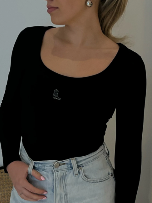 brunette the label Embroidered Cowgirl Boot Long Sleeve Tee