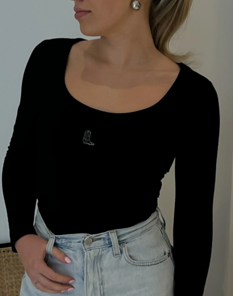 brunette the label Embroidered Cowgirl Boot Long Sleeve Tee