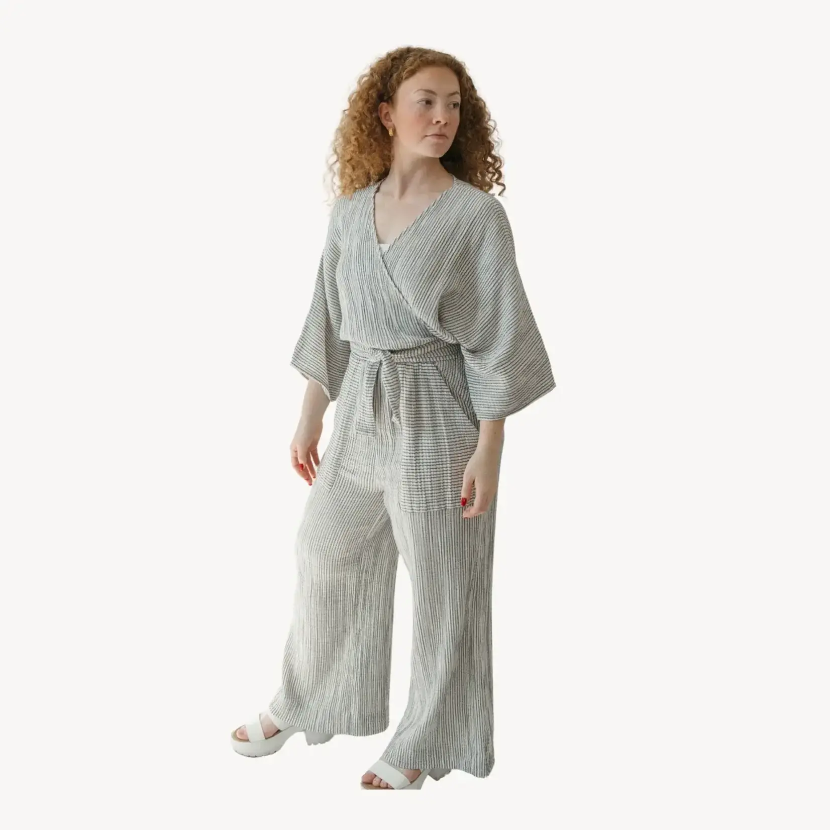 Striped Crinkle Pocketed Pant - Charcoal