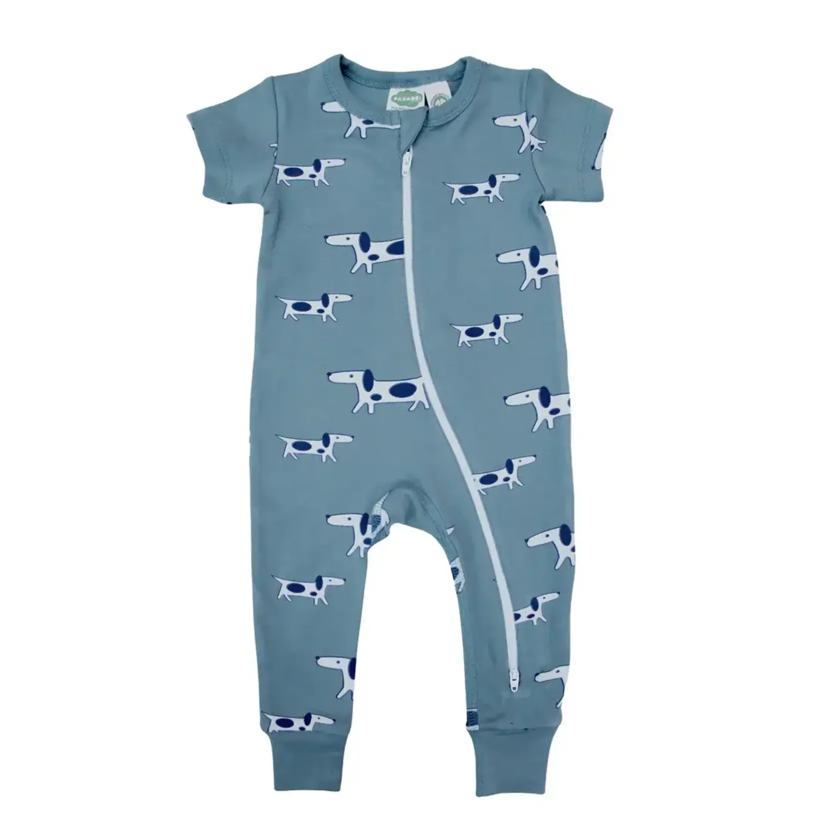 Parade Organics Short Sleeve Print 2 Way Zip Romper Blue Dogs