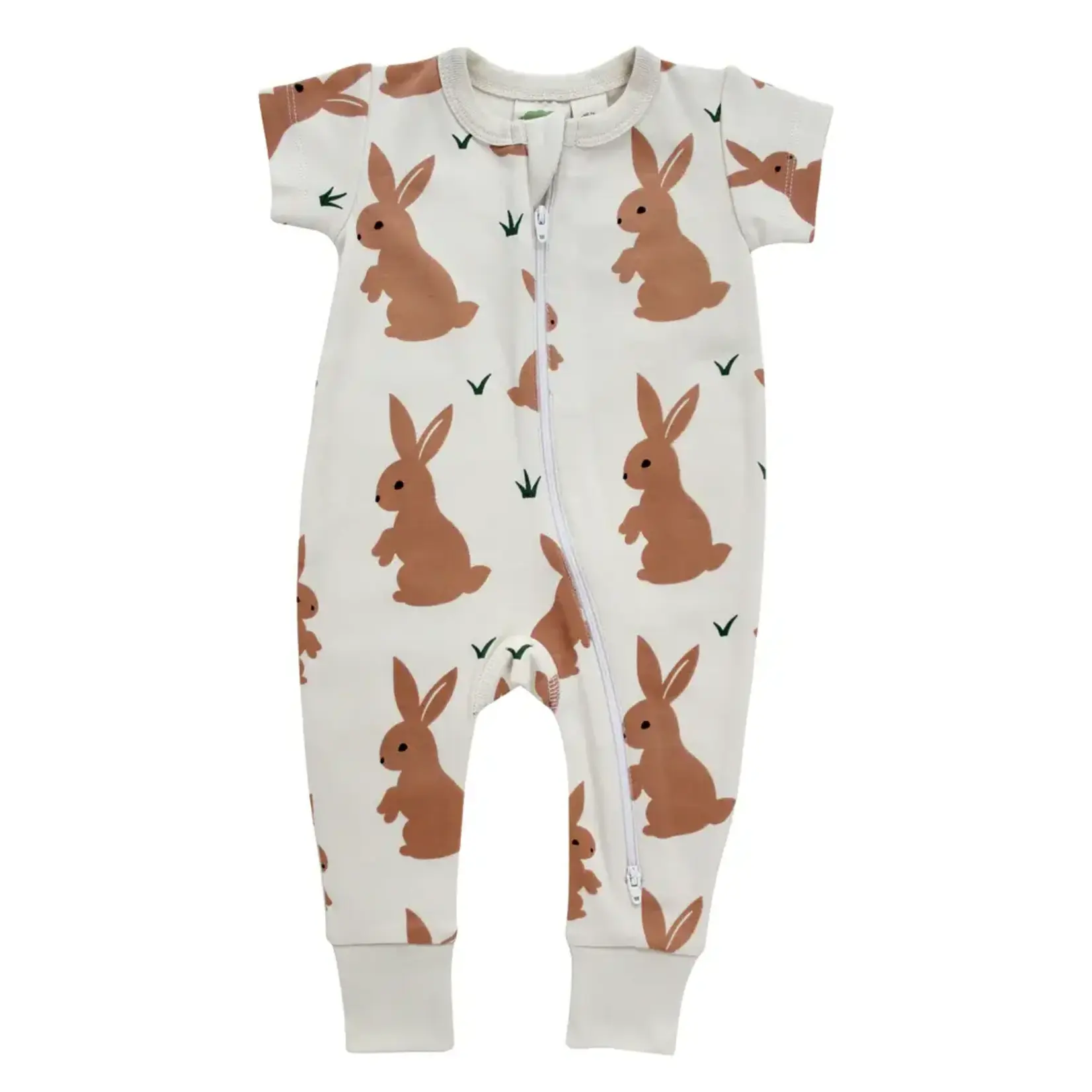 Parade Organics Short Sleeve Print 2 Way Zip Romper Brown Bunnies