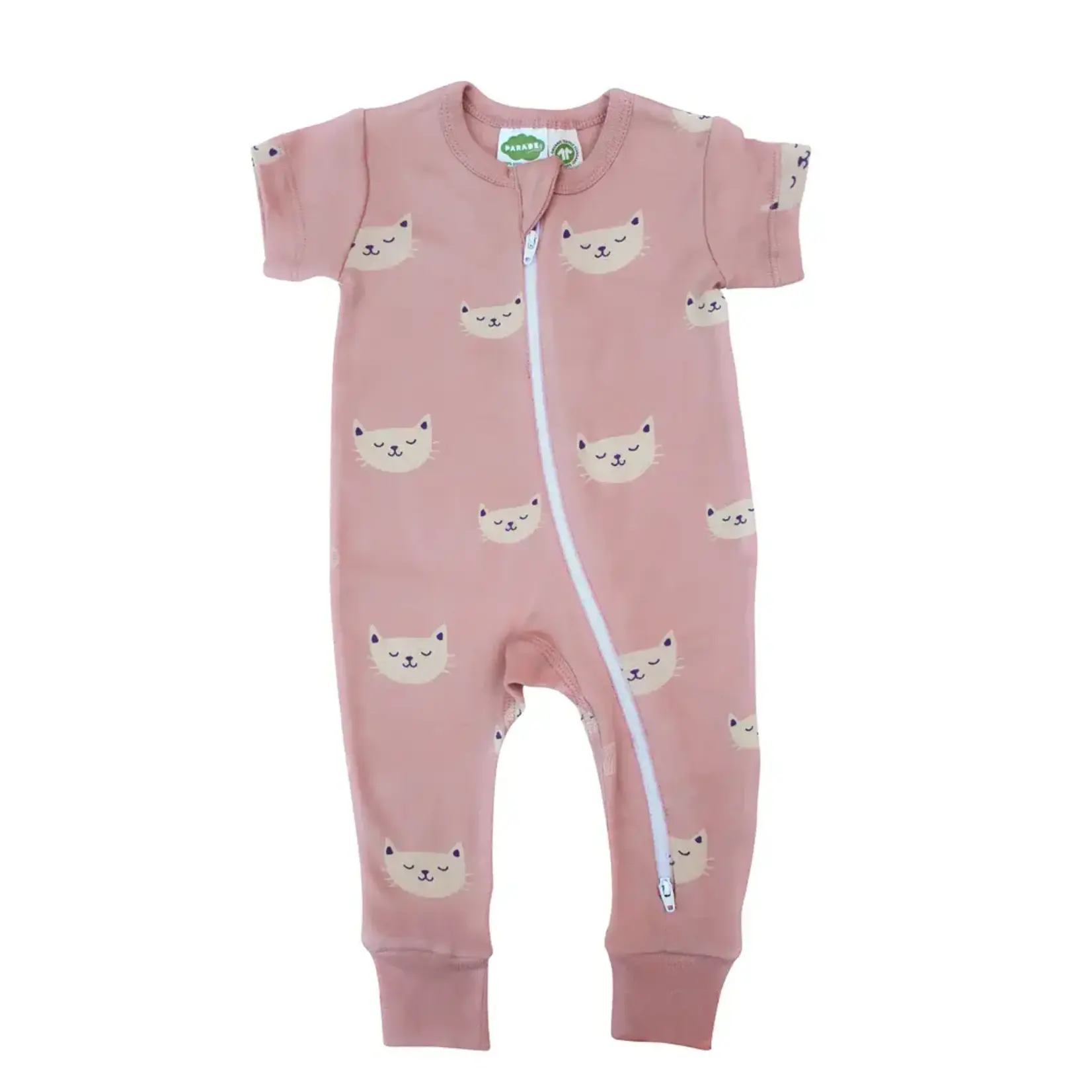 Parade Organics Short Sleeve Print 2 Way Zip Romper Pink Cats