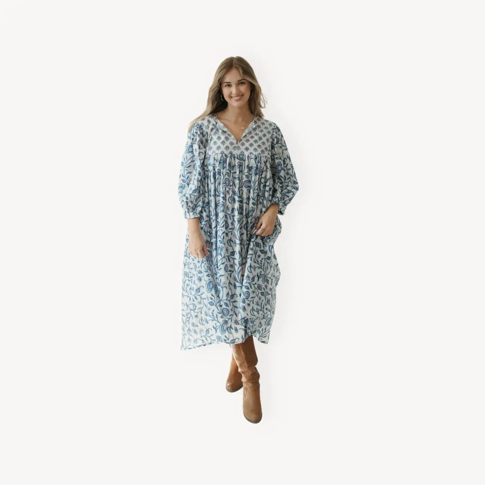 Mira Midi Dress - Neema Blue/White with Nilima Front Panel - XXL