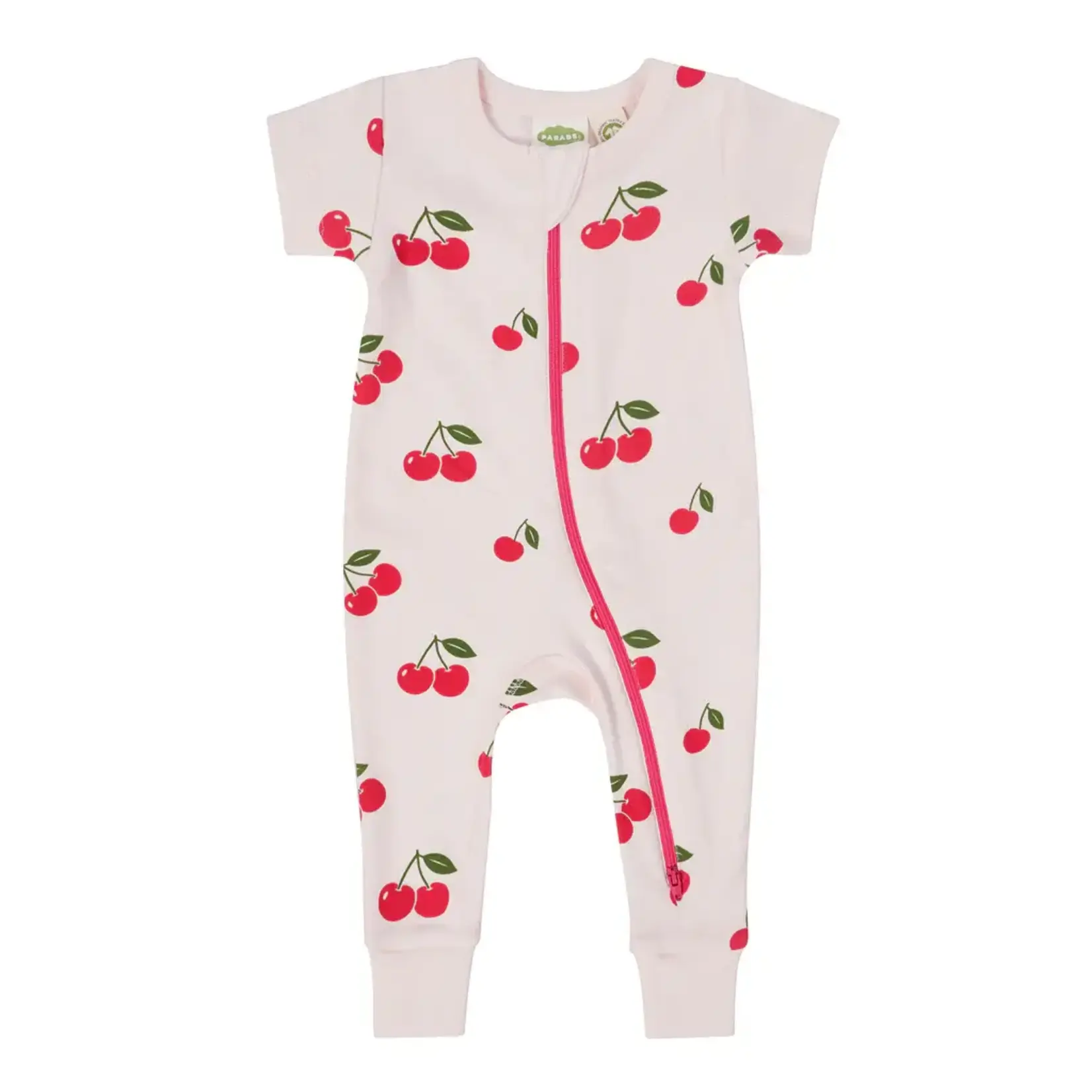 Parade Organics Short Sleeve Print 2 Way Zip Romper Cherries