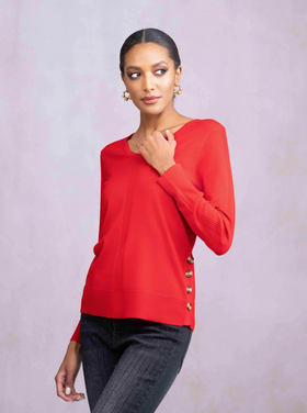 ALISON SHERI ICONIC RED BUTTON HEM SWEATER