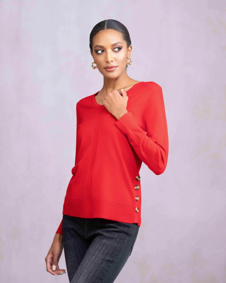 ALISON SHERI ICONIC RED BUTTON HEM SWEATER